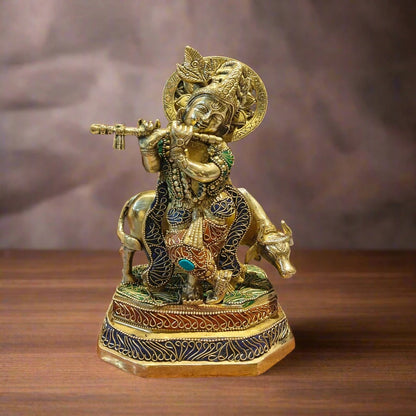 Brassaura® Lord Krishna Playing Flute with Cow Idol with Stonework Finish | Pure Superfine Brass Handcrafted Murti | Brass Statue for Home Temple, Pooja Room, Spiritual Décor & Luxury Gifting | Height 10 Inches | Weight 3.2 Kg
