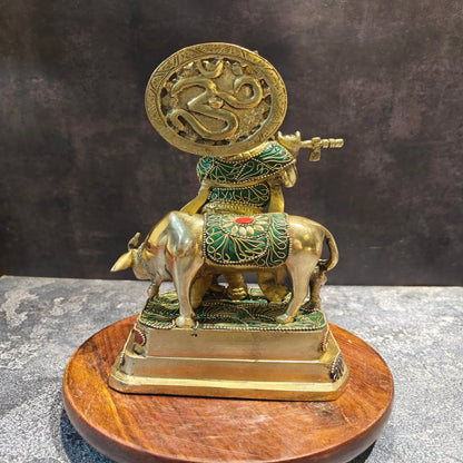Brassaura® Lord Krishna Playing Flute with Cow Idol with Stonework Finish | Pure Superfine Brass Handcrafted Murti | Brass Statue for Home Temple, Pooja Room, Spiritual Décor & Luxury Gifting | Height 10 Inches | Weight 3.2 Kg
