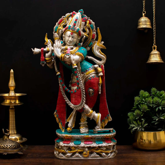 Brass Gem Stone Work Krishna Playing Flute Weight 12 Kg And Height 23 Inch