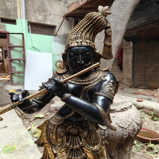 Brassaura® Lord Krishna Playing Flute Statue | Premium Brass Handcrafted Murti with Antique Black Finish | Luxury Brass Idol for Home Temple, Living Room, Spiritual Décor & Gifting | Height 36 Inches | Weight 26 Kg