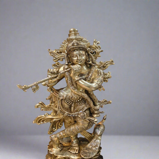 Brassaura® Brass Krishna Playing Flute Idol with Peacock | Premium Handcrafted Brass Murti for Home Temple, Living Room, Spiritual Décor & Luxury Gifting | Weight 74 Kg