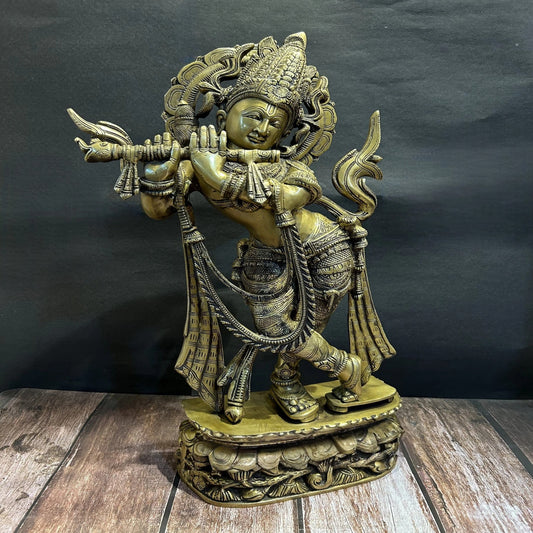 Brassaura® Brass Classic Krishna Playing Flute Idol | Premium Handcrafted Brass Murti for Home Temple, Pooja Room, Living Room, Spiritual Décor & Luxury Gifting | Height 23 Inches | Weight 11.3 Kg