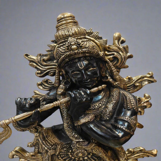 Brassaura® Brass Classic Krishna Playing Flute Idol with Peacock | Premium Handcrafted Brass Murti for Home Temple, Pooja Room, Living Room, Spiritual Décor & Luxury Gifting | Height 48 Inches | Weight 75.4 Kg