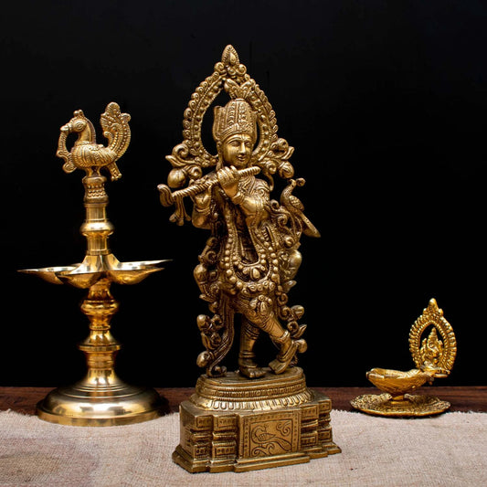 Brassaura® Lord Krishna Playing Flute Standing Idol | Pure Superfine Brass Handcrafted Murti | Brass Statue for Home Temple, Pooja Room, Spiritual Décor & Luxury Gifting | Height 14 Inches | Weight 3 Kg