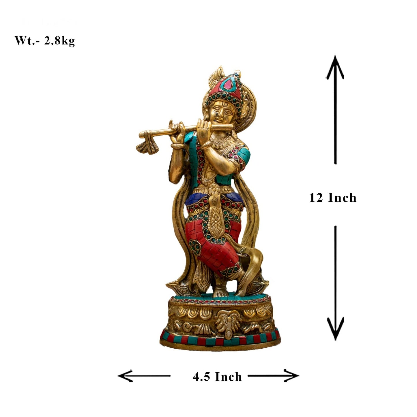 Brass Gem Stone Work Krishna Playing Flute Weight 2.8 Kg And Height 12 Inch
