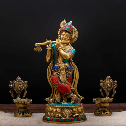 Brass Gem Stone Work Krishna Playing Flute Weight 2.8 Kg And Height 12 Inch