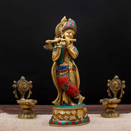Brassaura® Lord Krishna Playing Flute Idol with Multi-Color Stone Work Finish | Pure Superfine Brass Handcrafted Murti | Brass Statue for Home Temple, Pooja Room, Spiritual Décor & Luxury Gifting | Height 12 Inches | Weight 2.8 Kg