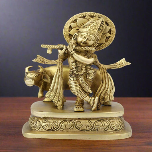 Brass Cow & Krishna Weight 1.5 Kg And Height 7 Inch