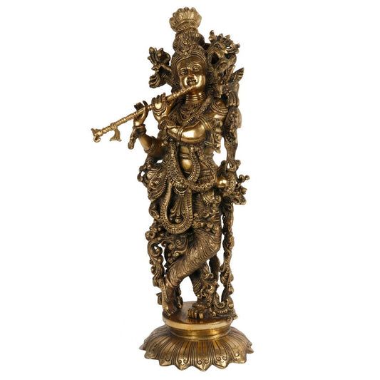 Brassaura® Lord Krishna Playing Flute Idol with Antique Golden Finish | Pure Superfine Brass Handcrafted Murti | Brass Statue for Home Temple, Pooja Room, Spiritual Décor & Luxury Gifting | Height 25 Inches | Weight 15.5 Kg