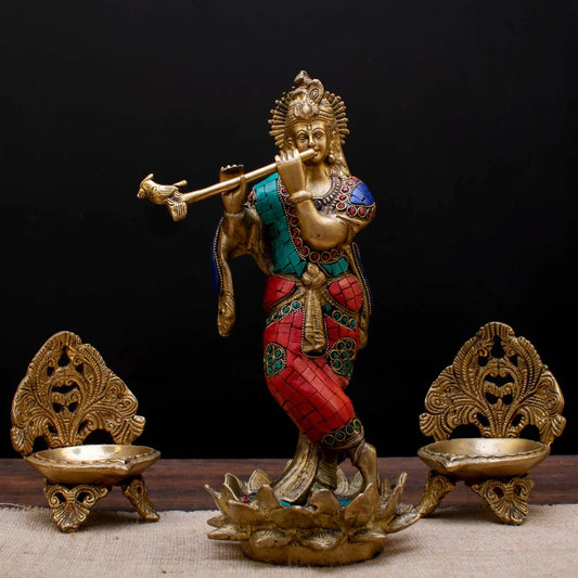 Brass Gem Stone Work Krishna Playing Flute Weight 2.8 Kg And Height 11 Inch