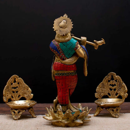 Brass Gem Stone Work Krishna Playing Flute Weight 2.8 Kg And Height 11 Inch