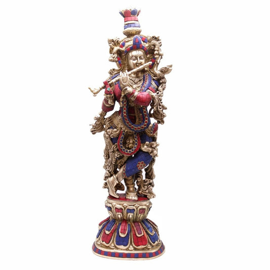 Brass Gem Stone Work Krishna Playing Flute Weight 12 Kg And Height 24 Inch