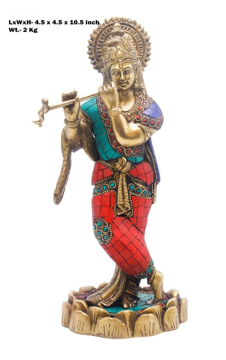 Brass Krishna Playing Flute Weight 2 Kg And Height 10 Inch