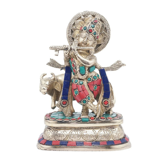 Brass Gem Stone Work Cow & Krishna Weight 1.5 Kg And Height 6.5 Inch
