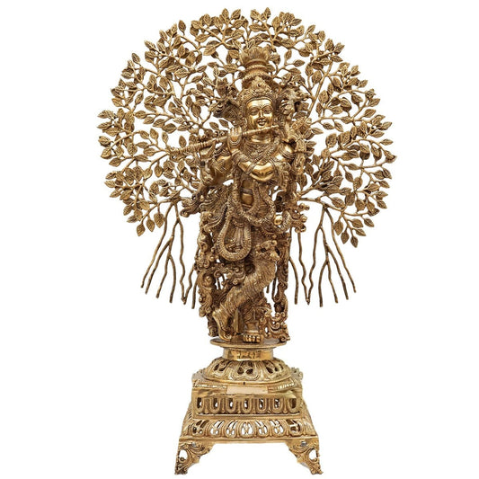 Brass Classic Tree Krishna Playing Flute Weight 30 Kg And Height 35 Inch