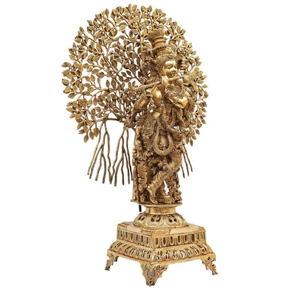 Brass Classic Tree Krishna Playing Flute Weight 30 Kg And Height 35 Inch