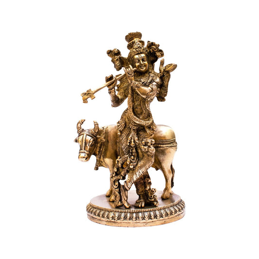 Brass Vintage Cow & Krishna Playing Flute Weight 2.95 Kg And Height 10 Inch