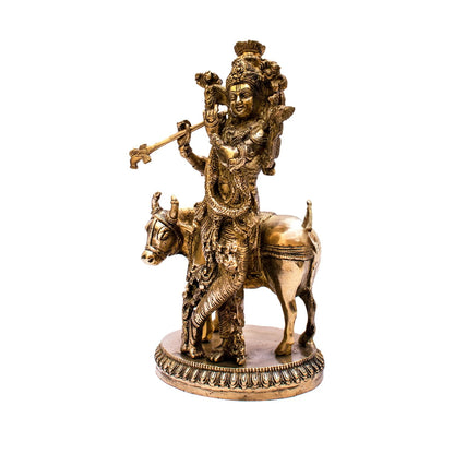 Brass Vintage Cow & Krishna Playing Flute Weight 2.95 Kg And Height 10 Inch