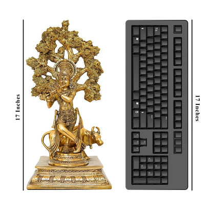 Brass Tree Cow & Krishna Playing Flute Weight 7.6 Kg And Height 17 Inch