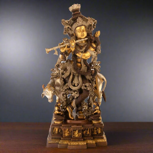 Brass Cow & Krishna Playing Flute Weight 35 Kg And Height 28 Inch