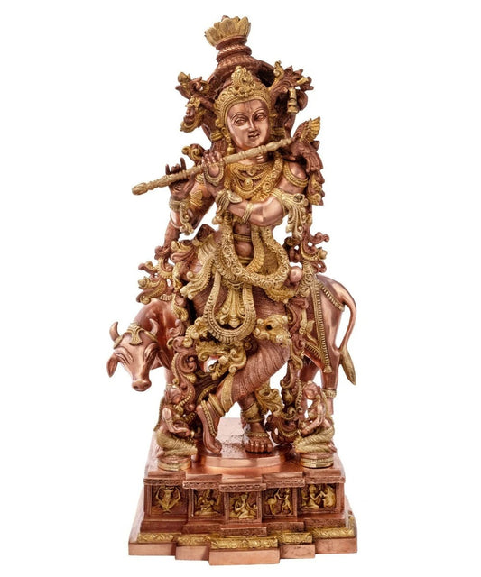 Brass Cow & Krishna Playing Flute Weight 35 Kg And Height 28 Inch