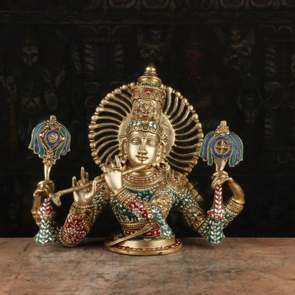 Brass Gem Stone Work Krishna Playing Flute Weight 12.7 Kg
