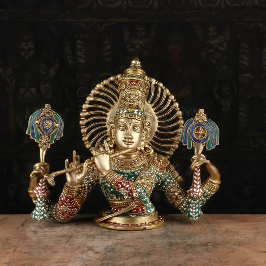 Brass Gem Stone Work Krishna Playing Flute Weight 12.7 Kg