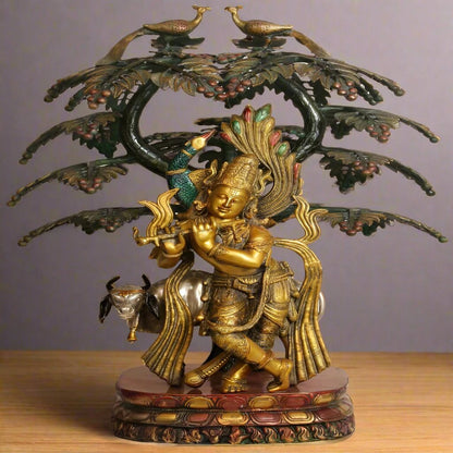 Brass Tree Cow & Krishna Playing Flute Weight 42 Kg And Height 33 Inch