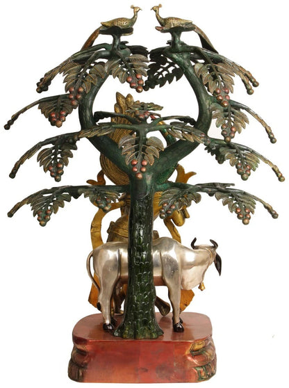 Brass Tree Cow & Krishna Playing Flute Weight 42 Kg And Height 33 Inch