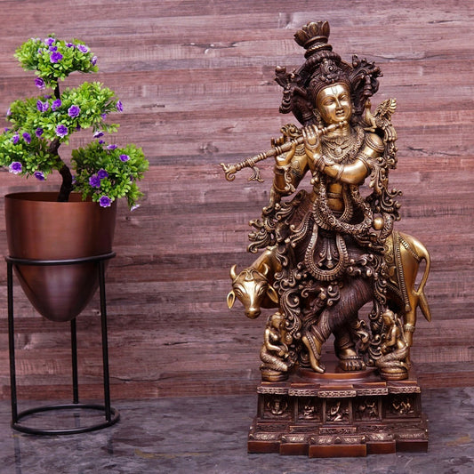 Brass Cow & Krishna Weight 34 Kg And Height 28 Inch