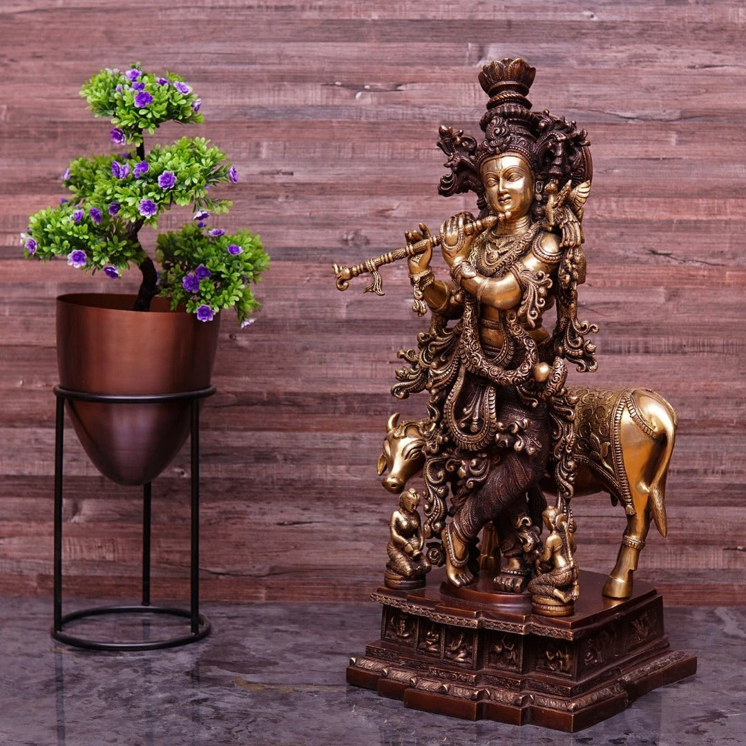 Brass Cow & Krishna Weight 34 Kg And Height 28 Inch