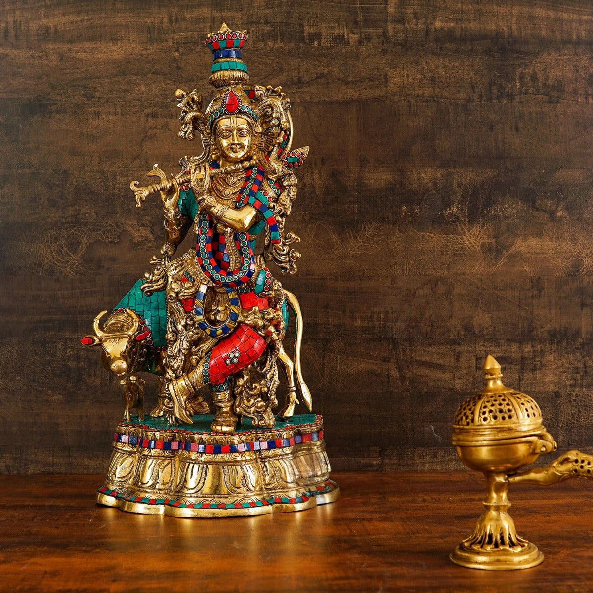 Brassaura® Lord Krishna Playing Flute Idol with Multi-Color Stone Work Finish | Pure Superfine Brass Handcrafted Murti | Brass Statue for Home Temple, Pooja Room, Spiritual Décor & Luxury Gifting | Height 22 Inches | Weight 17 Kg