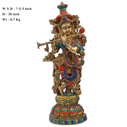 Brass Gem Stone Work Krishna Playing Flute Weight 9 Kg And Height 20 Inch