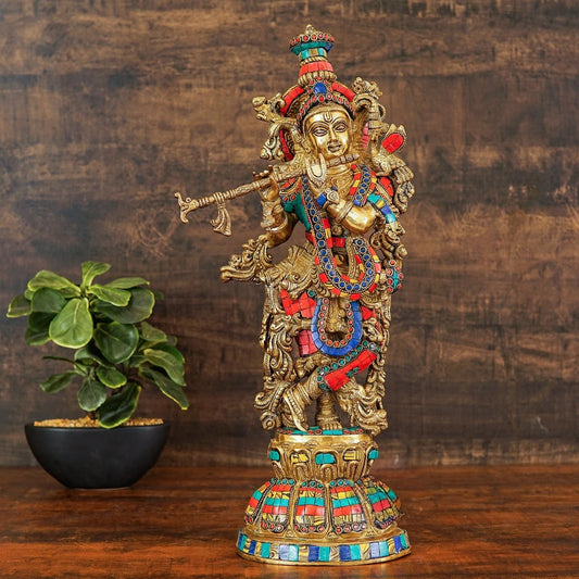 Brass Gem Stone Work Krishna Playing Flute Weight 9 Kg And Height 20 Inch