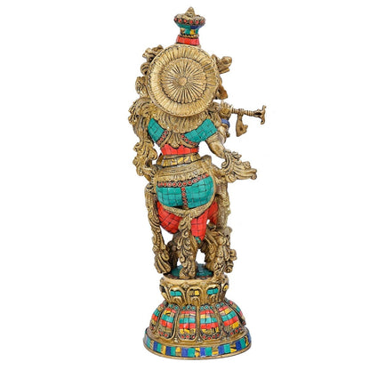 Brass Gem Stone Work Krishna Playing Flute Weight 9 Kg And Height 20 Inch
