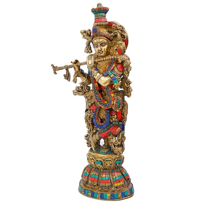 Brass Gem Stone Work Krishna Playing Flute Weight 9 Kg And Height 20 Inch