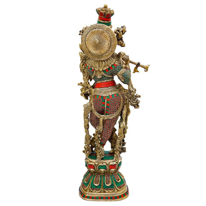 Brass Gem Stone Work Krishna Playing Flute Weight 16.5 Kg And Height 30 Inch