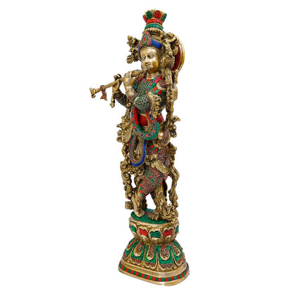 Brass Gem Stone Work Krishna Playing Flute Weight 16.5 Kg And Height 30 Inch