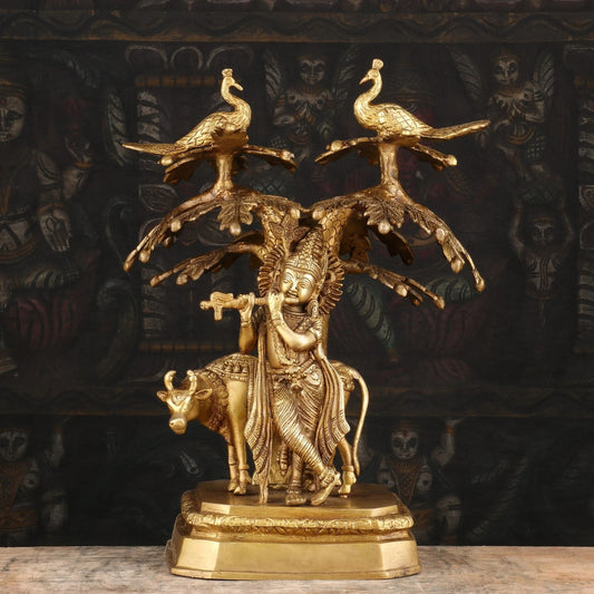 Brass Tree Cow & Krishna Weight 5.7 Kg And Height 13 Inch