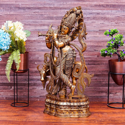 Brass Cow & Krishna Playing Flute Weight 38 Kg And Height 35 Inch