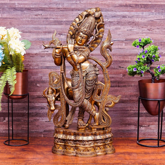 Brass Cow & Krishna Playing Flute Weight 38 Kg And Height 35 Inch