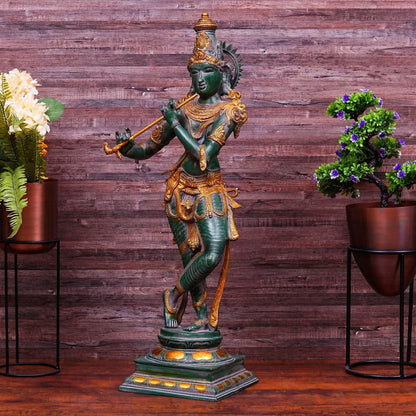 Brass Standing Krishna Playing Flute Weight 21 Kg And Height 34 Inch