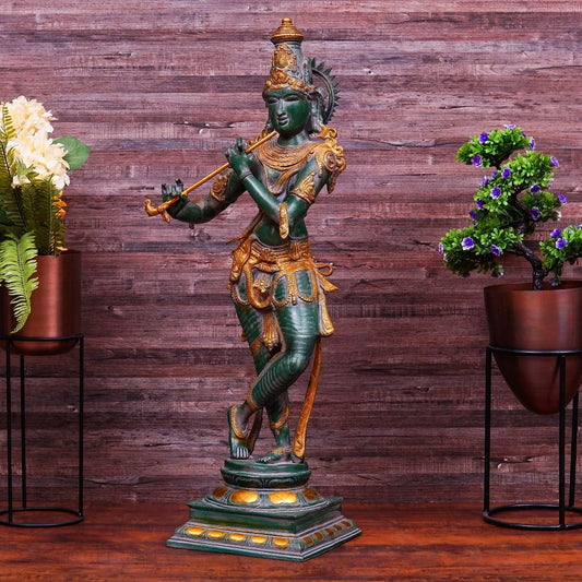 Brassaura® Lord Krishna Playing Flute Idol with Green Algae Finish | Pure Superfine Brass Handcrafted Murti | Brass Statue for Home Temple, Pooja Room, Spiritual Décor & Luxury Gifting | Height 34 Inches | Weight 21 Kg