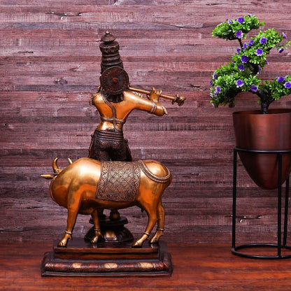 Brass Cow & Krishna Playing Flute Weight 26 Kg And Height 26 Inch