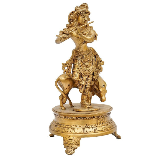 Brassaura® Lord Krishna Playing Flute Idol with Stonework Finish | Pure Superfine Brass Handcrafted Murti | Brass Statue for Home Temple, Pooja Room, Spiritual Décor & Luxury Gifting | Height 10 Inches | Weight 2.6 Kg