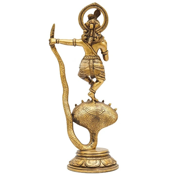 Brassaura® Lord Krishna Dancing on Kaliya Naag Idol with Antique Finish | Pure Superfine Brass Handcrafted Murti | Brass Statue for Home Temple, Pooja Room, Spiritual Décor & Luxury Gifting | Height 13 Inches | Weight 2.6 Kg