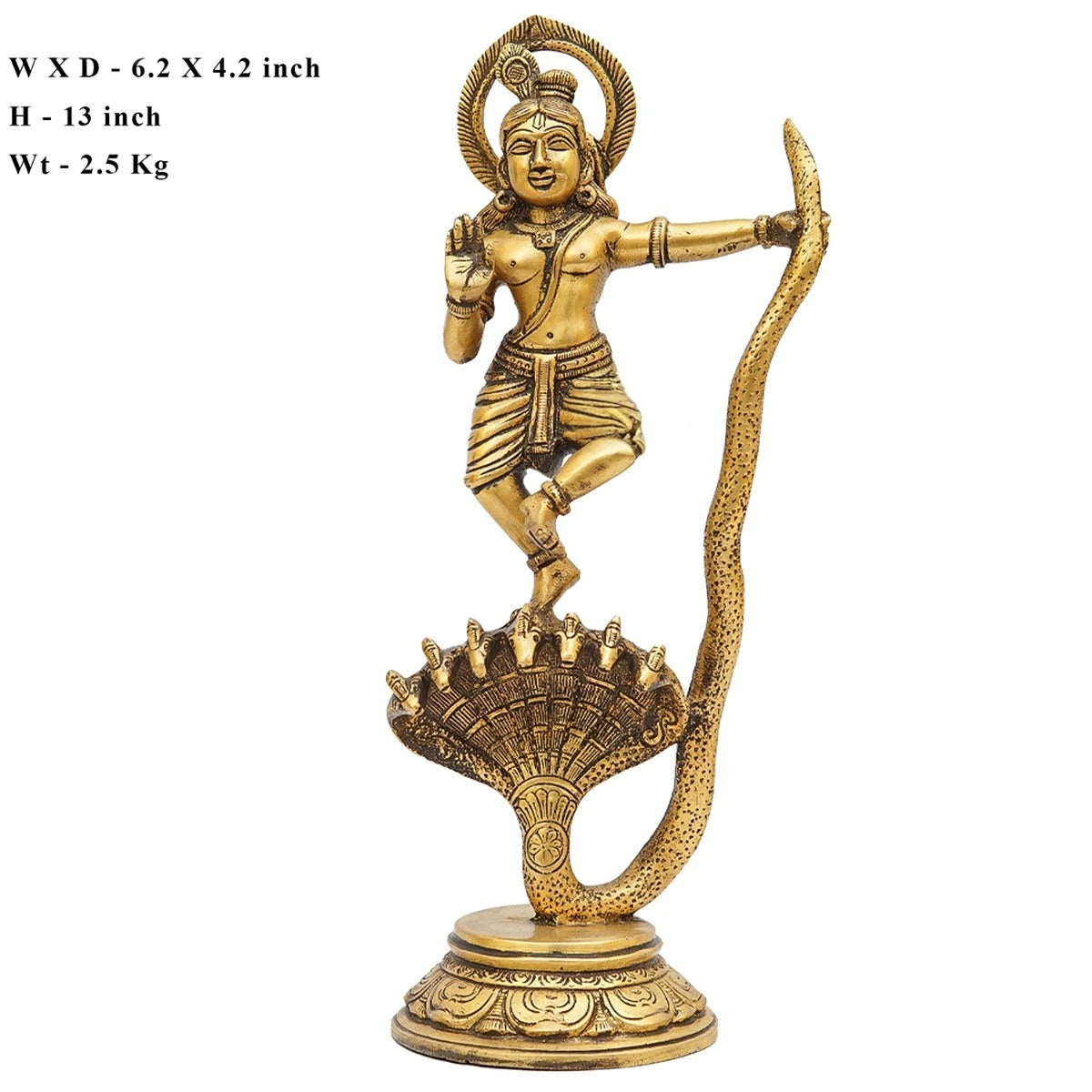 Brassaura® Lord Krishna Dancing on Kaliya Naag Idol with Antique Finish | Pure Superfine Brass Handcrafted Murti | Brass Statue for Home Temple, Pooja Room, Spiritual Décor & Luxury Gifting | Height 13 Inches | Weight 2.6 Kg