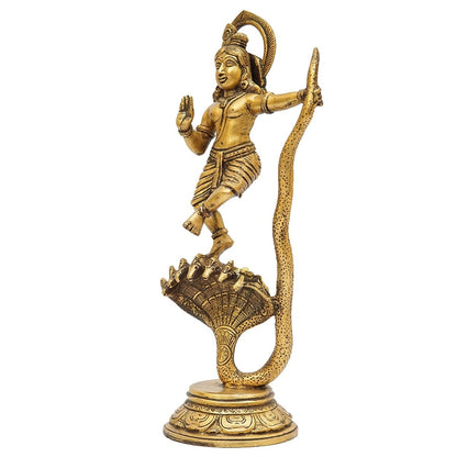 Brassaura® Lord Krishna Dancing on Kaliya Naag Idol with Antique Finish | Pure Superfine Brass Handcrafted Murti | Brass Statue for Home Temple, Pooja Room, Spiritual Décor & Luxury Gifting | Height 13 Inches | Weight 2.6 Kg