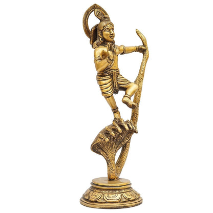 Brassaura® Lord Krishna Dancing on Kaliya Naag Idol with Antique Finish | Pure Superfine Brass Handcrafted Murti | Brass Statue for Home Temple, Pooja Room, Spiritual Décor & Luxury Gifting | Height 13 Inches | Weight 2.6 Kg