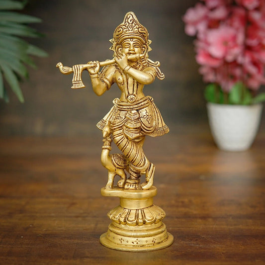 Brass Krishna Playing Flute Weight 1.4 Kg And Height 9 Inch